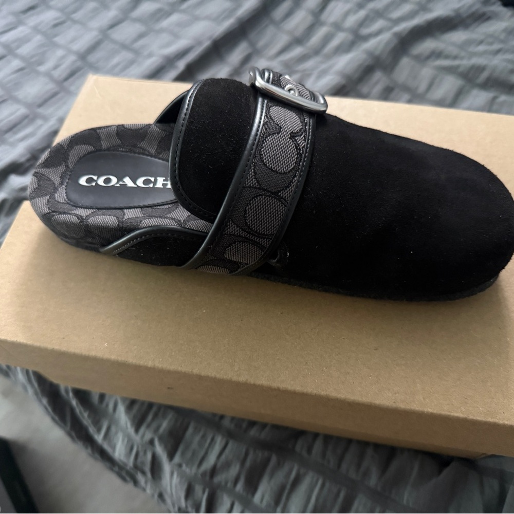 Coach Black Suede Clogs with Silver Buckle - Picture 2 of 8